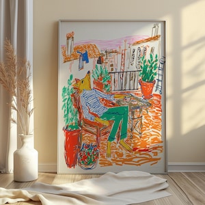 May include: Art print depicting a fox-like character in a blue and white striped shirt and green trousers, relaxing on a balcony. The illustration includes a cityscape, potted plants, and a small table. The artwork is framed.