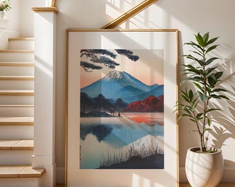 Japan Mt Fuji Art Print | Woodblock Style | Japanese Landscape | Wall Decor | Japan Travel Gift