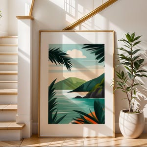 Impresión de arte tropical / Impresión ilustrativa de viajes / Arte de paisaje de playa / Decoración de pared moderna / Perfecto para sala de estar o dormitorio