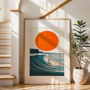 Arte de pared con surf al atardecer / Impresión ilustrativa de viajes / Arte de paisaje de playa / Decoración de pared moderna / Perfecto para sala de estar o dormitorio