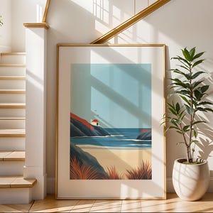 Arte de pared de playa minimalista / Impresión ilustrativa de viajes / Arte de paisaje de playa / Decoración de pared moderna / Perfecto para sala de estar o dormitorio