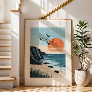 Arte de pared minimalista con océano / Impresión ilustrativa de viajes / Arte de paisaje de playa / Decoración de pared moderna / Perfecto para sala de estar o dormitorio