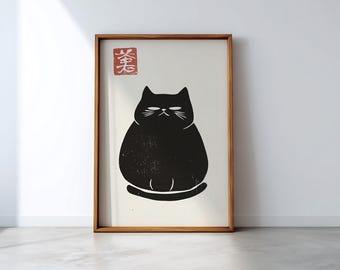 Japanskt konsttryck med grinig katt | Minimalistisk husdjursdekor (digital nedladdning)