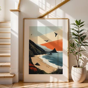Impresión artística minimalista de playa/Impresión ilustrativa de viaje/Arte de paisaje de playa/Decoración de pared moderna/Perfecta para sala de estar o dormitorio