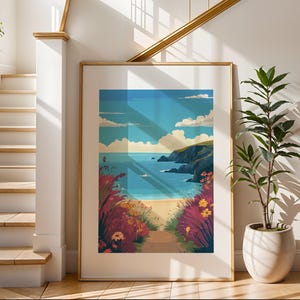 Arte mural colorido del océano / Impresión ilustrativa de viajes / Arte de paisaje de playa / Decoración de pared moderna / Perfecto para sala de estar o dormitorio
