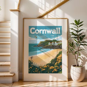Arte mural de playa de Cornualles / Impresión ilustrativa de viajes / Arte de paisaje de playa / Decoración de pared moderna / Perfecto para sala de estar o dormitorio