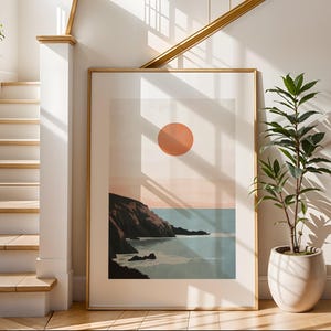 Impresión artística minimalista de playa / Impresión ilustrativa de viajes / Arte de paisaje de playa / Decoración de pared moderna / Perfecta para sala de estar o dormitorio