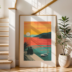 Arte de pared de viaje de pareja colorido / Impresión ilustrativa de viaje / Arte de paisaje de playa / Decoración de pared moderna / Perfecto para sala de estar o dormitorio