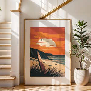 Arte de pared de viaje con puesta de sol y surf / Impresión ilustrativa de viaje / Arte de paisaje de playa / Decoración de pared moderna / Perfecto para sala de estar o dormitorio