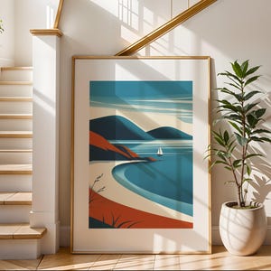 Arte mural colorido de la Riviera / Impresión ilustrativa de viajes / Arte de paisaje de playa / Decoración de pared moderna / Perfecto para sala de estar o dormitorio