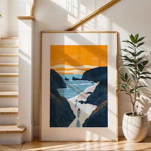 Impresión artística minimalista de surf / Impresión ilustrativa de viajes / Arte de paisaje de playa / Decoración de pared moderna / Perfecta para sala de estar o dormitorio