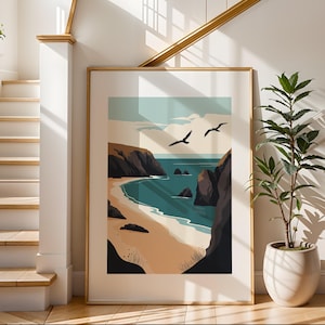 Arte de ilustración costera / Impresión ilustrativa de viajes / Arte de paisaje de playa / Decoración de pared moderna / Perfecto para sala de estar o dormitorio