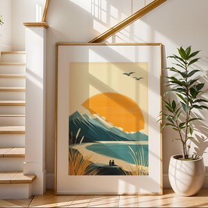 Impresión artística de pareja en la playa / Impresión ilustrativa de viajes / Arte de paisaje de playa / Decoración de pared moderna / Perfecto para sala de estar o dormitorio