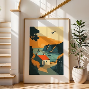 Impresión de arte costero minimalista / Impresión ilustrativa de viajes / Arte de paisaje de playa / Decoración de pared moderna / Perfecto para sala de estar o dormitorio