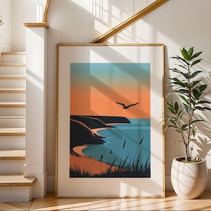 Impresión artística costera colorida / Impresión ilustrativa de viajes / Arte de paisaje de playa / Decoración de pared moderna / Perfecta para sala de estar o dormitorio