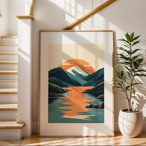 Impresión artística de atardecer en el lago / Impresión ilustrativa de viaje / Arte de paisaje de playa / Decoración de pared moderna / Perfecto para sala de estar o dormitorio