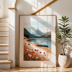 Lámina artística del Distrito de los Lagos / Lámina ilustrativa de viajes / Arte de paisaje de playa / Decoración de pared moderna / Perfecta para sala de estar o dormitorio