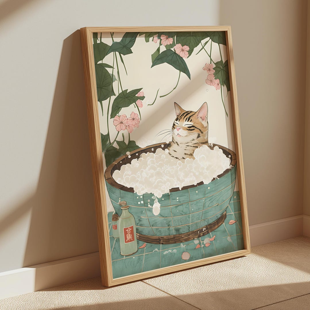 Cute Cat Bath Art Print | Japanese Wall Decor - Etsy