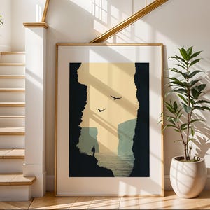 Arte de pared de acantilado costero / Impresión ilustrativa de viajes / Arte de paisaje de playa / Decoración de pared moderna / Perfecto para sala de estar o dormitorio