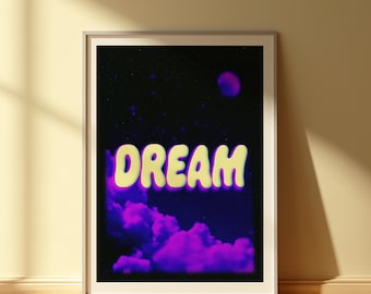 Dream Neon Vaporwave Print: Retro Typography, Surreal Sky Art