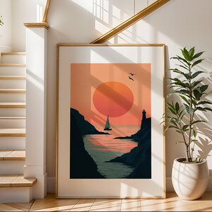 Arte de pared con puesta de sol en la costa / Impresión ilustrativa de viajes / Arte de paisaje de playa / Decoración de pared moderna / Perfecto para sala de estar o dormitorio