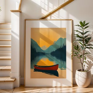 Arte mural de viaje de Banff / Impresión ilustrativa de viaje / Arte de paisaje de playa / Decoración de pared moderna / Perfecto para sala de estar o dormitorio