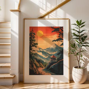 Impresión de arte japonés retro / Impresión ilustrativa de viajes / Arte de paisaje de playa / Decoración de pared moderna / Perfecto para sala de estar o dormitorio