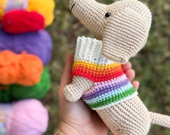 Handmade Crochet Dachshund Plush | Rainbow Sweater, Baby Gift