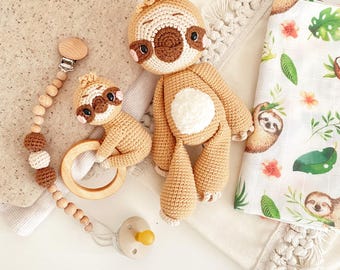 Crochet Sloth Baby Gift Set | Organic Cotton Toy, Rattle & Swaddle