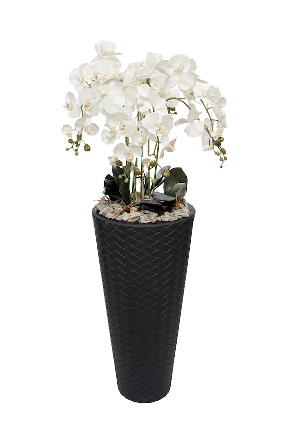Orchideentopf Kunstblumen sehr gro 140cm hoch Home Deko Glamor Schwarze  Flechtmuster Dekovase Rezeption Wohnzimmer Geschft wie Echt
