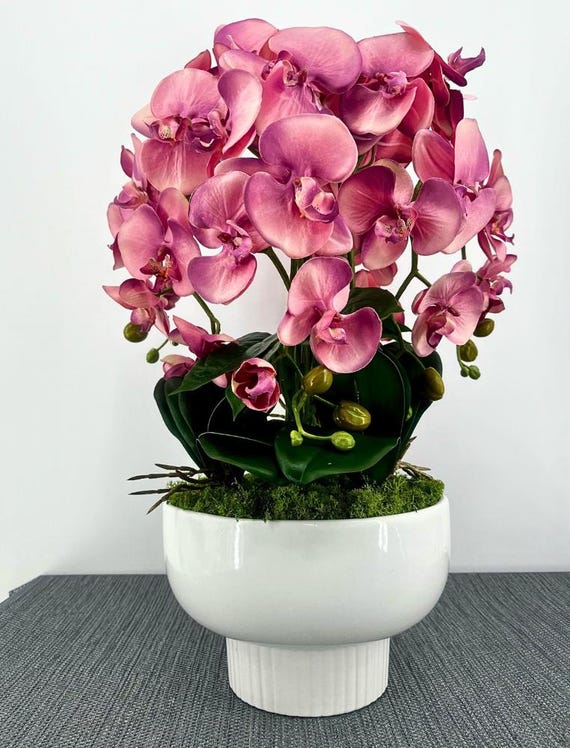 Orchideen Gesteck Knstlich mit Keramik Topf in Wei Rosa Blten 55cm hoch  6x Orchideen Rispen wie Echt Fake Flowers Phalaenopsis