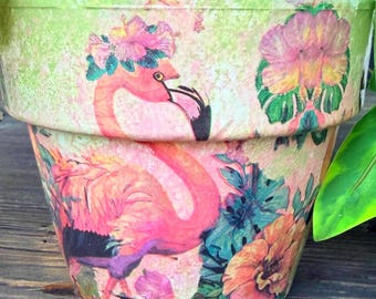Whimsical Flamingo Hand Painted Terracotta Pot | Cottage Garden Planter | One of a Kind Floral Plant Pot | Handcrafted Home Decor