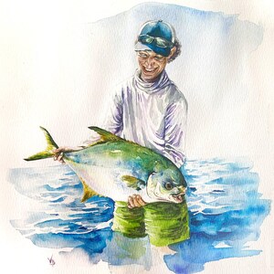 Happy Fisherman - DIGITAL - Watercolor hand painted illustration - Portrait of a memorable happy moment