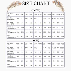 May include: Size chart with measurements in inches and centimeters. Includes size conversions for USA, International, and Europe (EU). Bust, waist, and hip circumferences are listed for each size, from US2 to US22.