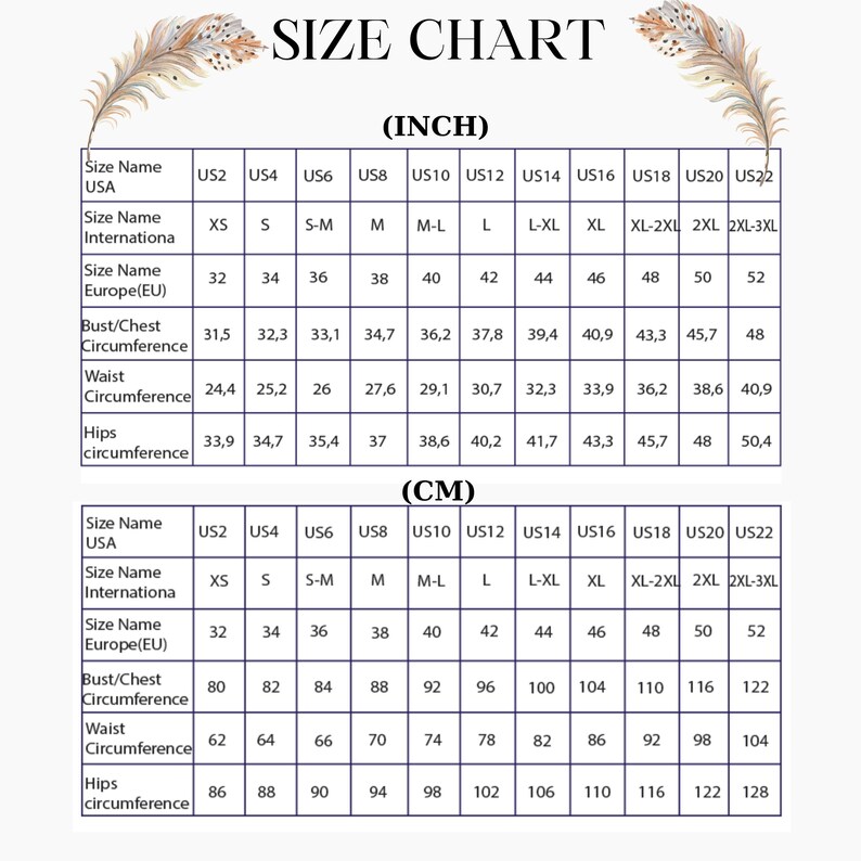 May include: Size chart with measurements in inches and centimeters. Includes size conversions for USA, International, and Europe (EU). Bust, waist, and hip circumferences are listed for each size, from US2 to US22.