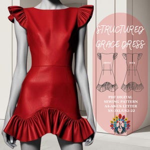 Puede incluir: Un vestido rojo estructurado con cuello y dobladillo con volantes. El vestido es sin mangas y tiene un corpiño ajustado. El vestido se muestra en una modelo. El texto "STRUCTURED GRACE DRESS" se muestra en la esquina superior derecha de la imagen. El texto "FRONT" y "BACK" se muestra en la esquina inferior derecha de la imagen. El texto "PDF DIGITAL SEWING PATTERN A4-A0-US LETTER XS-3XL/US2-22" se muestra en la esquina inferior derecha de la imagen.