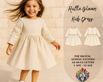 Patrón de vestido de manga larga para niñas / Falda circular y cintura fruncida / De bebé a 12 años / Patrón de costura imprimible en PDF para niños / Patrón de vestido de invierno
