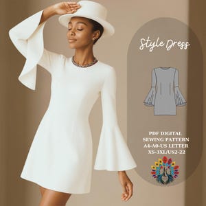 Vestido de estilo - Patrón de costura en PDF para mujer - Vestido mini elegante con mangas acampanadas - Tamaño A4/A0/US Letter, XS-3XL, costura casera - Patrón fácil