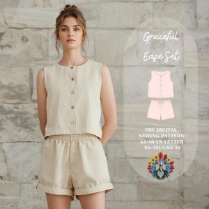 Pode incluir: Uma pessoa veste um conjunto de top e calções de linho bege. O top sem mangas tem botões na frente. Os calções têm cintura com cordão e bainhas viradas. A imagem também inclui um diagrama do conjunto e o texto "Graceful Ease Set" e "PDF Digital Sewing Pattern".