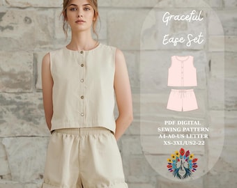 May include: A woman wearing a beige linen top and shorts set. The sleeveless top has buttons down the front. The shorts have a drawstring waist and rolled cuffs. The image also includes a diagram of the set and text that reads "Graceful Ease Set" and "PDF Digital Sewing Pattern".