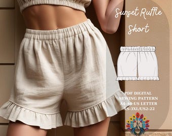 Patrón de costura para shorts Sunset con volantes / Descarga digital / XS-3XL / A4, A0, Carta EE. UU. / Patrón fácil para shorts de verano / Mini short playero con volantes