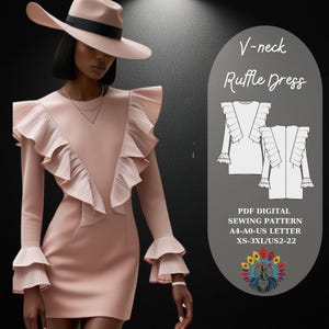 V-Neck Ruffle Dress Sewing Pattern | PDF Digital Download | A4 A0 US Letter | XS-3XL | Dıy Ruffle Dress Pattern for Women | Beginner Pattern