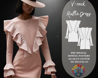 Naaipatroon jurk met V-hals en ruches | DIY voor dames (digitale pdf-download)
