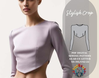Patrón de costura: Top corto elegante y moderno (XS-3XL), manga larga, fácil de usar, tallas A4, A0 y Carta de EE. UU.