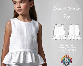 Summer Breeze Top – Sleeveless Peplum Blouse Pattern - Coquette Style Girls Top Sewing Pattern - Summer Baby Blouse Pattern - 1 Age/12Age