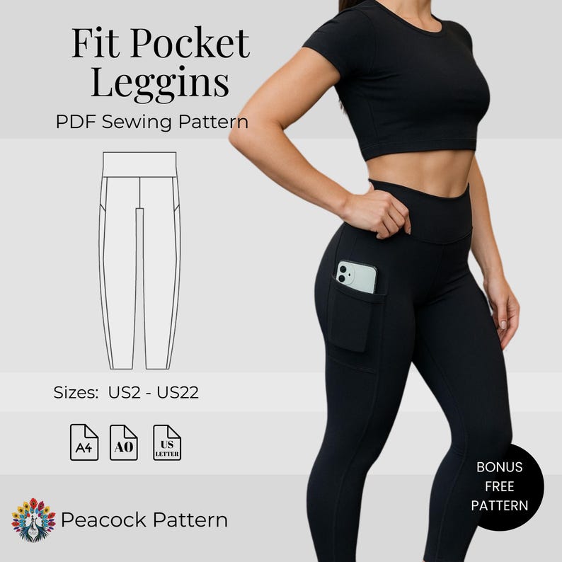 Patrón de costura para leggings FitPocket / Leggings largos con bolsillo lateral / Patrón de ropa deportiva de cintura alta / Patrón PDF de tejido elástico (tallas XS-3XL) imagen 5