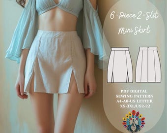 Falda DIY de 6 paneles con 2 aberturas / Patrón de costura de minifalda Boho Coquette con aberturas / Falda para festivales de verano en PDF / Patrón digital / Ideal para principiantes