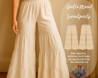 Patrón de costura para pantalones deportivos de verano / Pantalones de descanso con volantes / Estilo cottagecore / Ropa de resort costero / Cintura elástica / Pantalones de corte holgado / Estilo boho