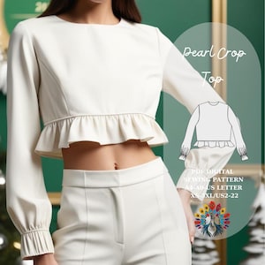 Minimal Style |  Pearl Crop Top Sewing Pattern | PDF Digital Download | XS-3XL | Women’s Blouse Pattern | Long Sleeve Top | Instant Download