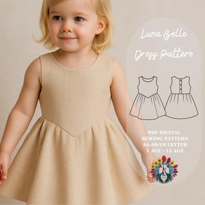 May include: A young child wears a beige sleeveless dress with a V-shaped waistline and flared skirt. The image includes text: "Luna Belle Dress Pattern" and "PDF Digital Sewing Pattern". The pattern is for ages 1-12.